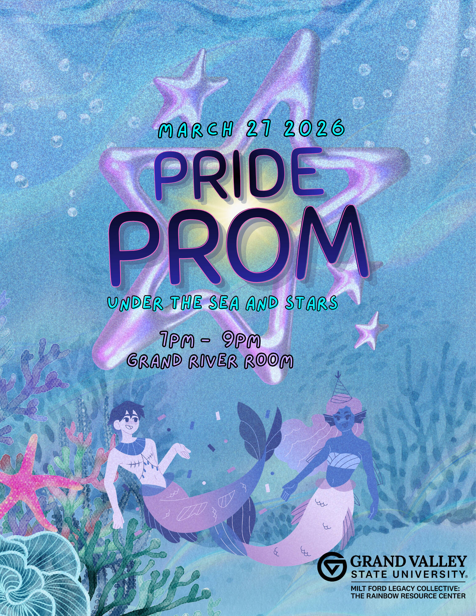 a groovy, under the sea scene with two merpeople and the words "March 27, 2027 Pride Prom: Under the Sea and Stars, 7-9pm GRR KC"